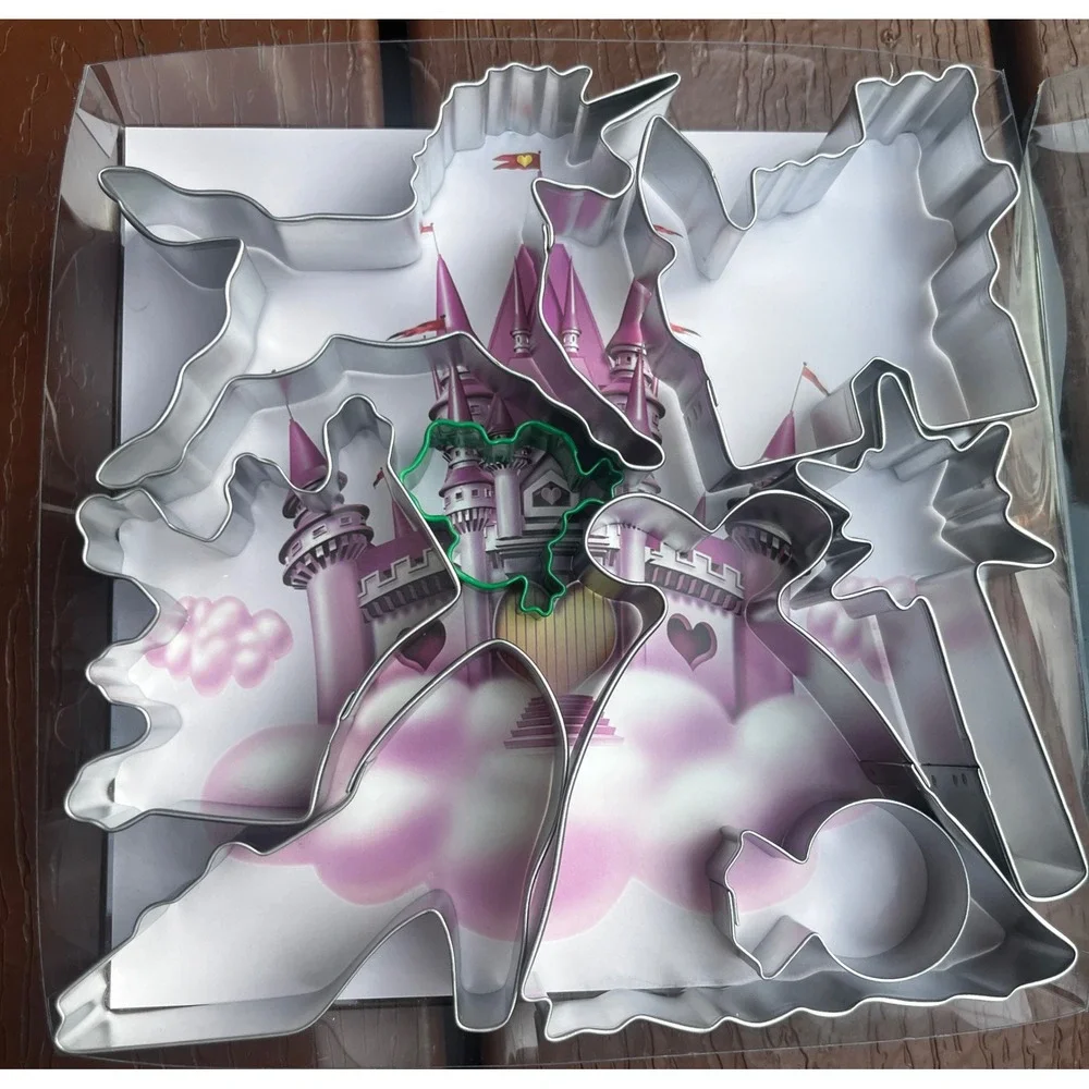 Princess Cookie Cutter Set Unicorn Castle Wand Gown Slipper 8 Piece Silver Green
